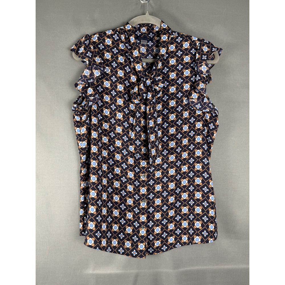 Tommy Hilfiger Blouse Womens Medium Navy Blue Geometric Floral Tie Neck Ruffle
